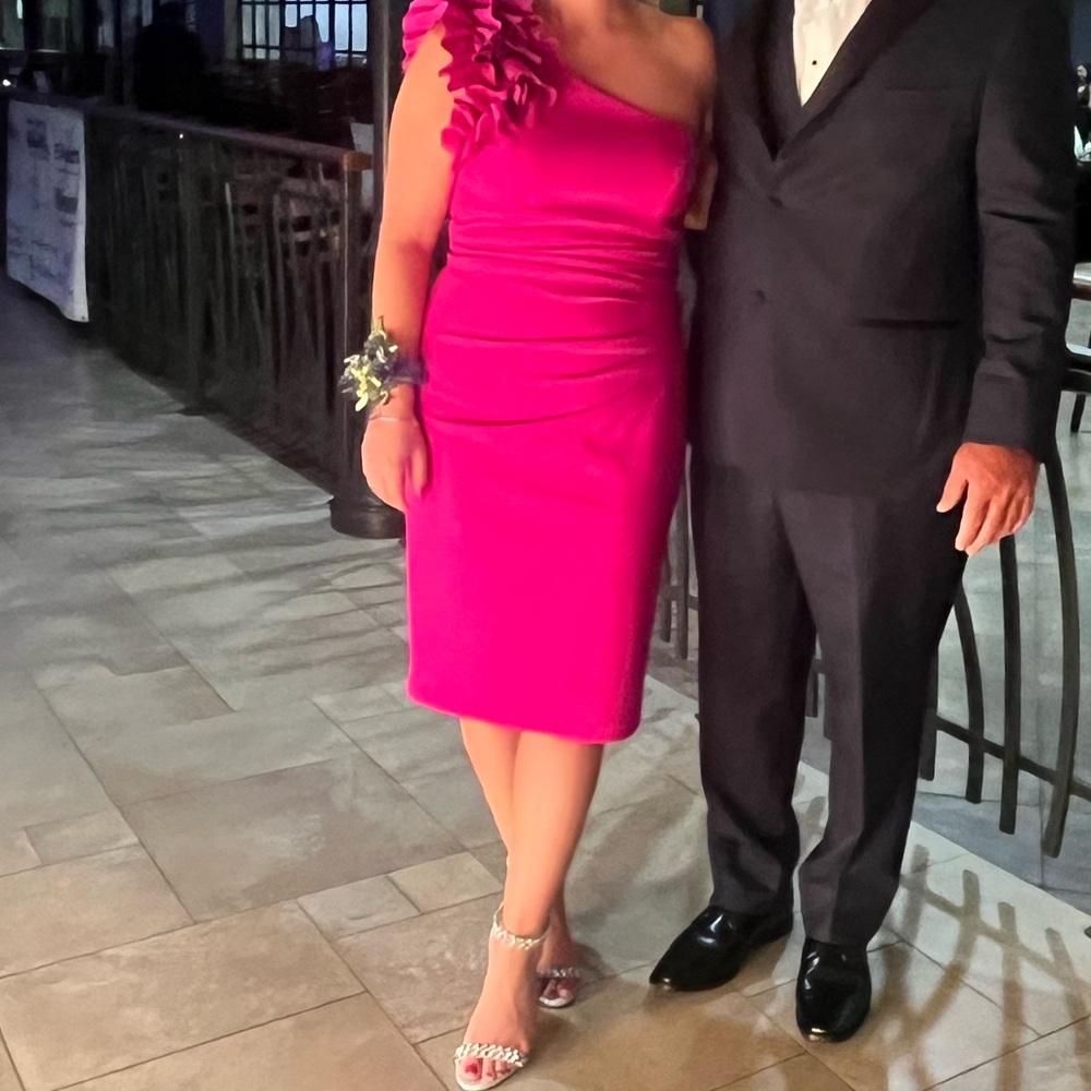 Xscape One-Shoulder Hot Pink Ruffle Cocktail Dress